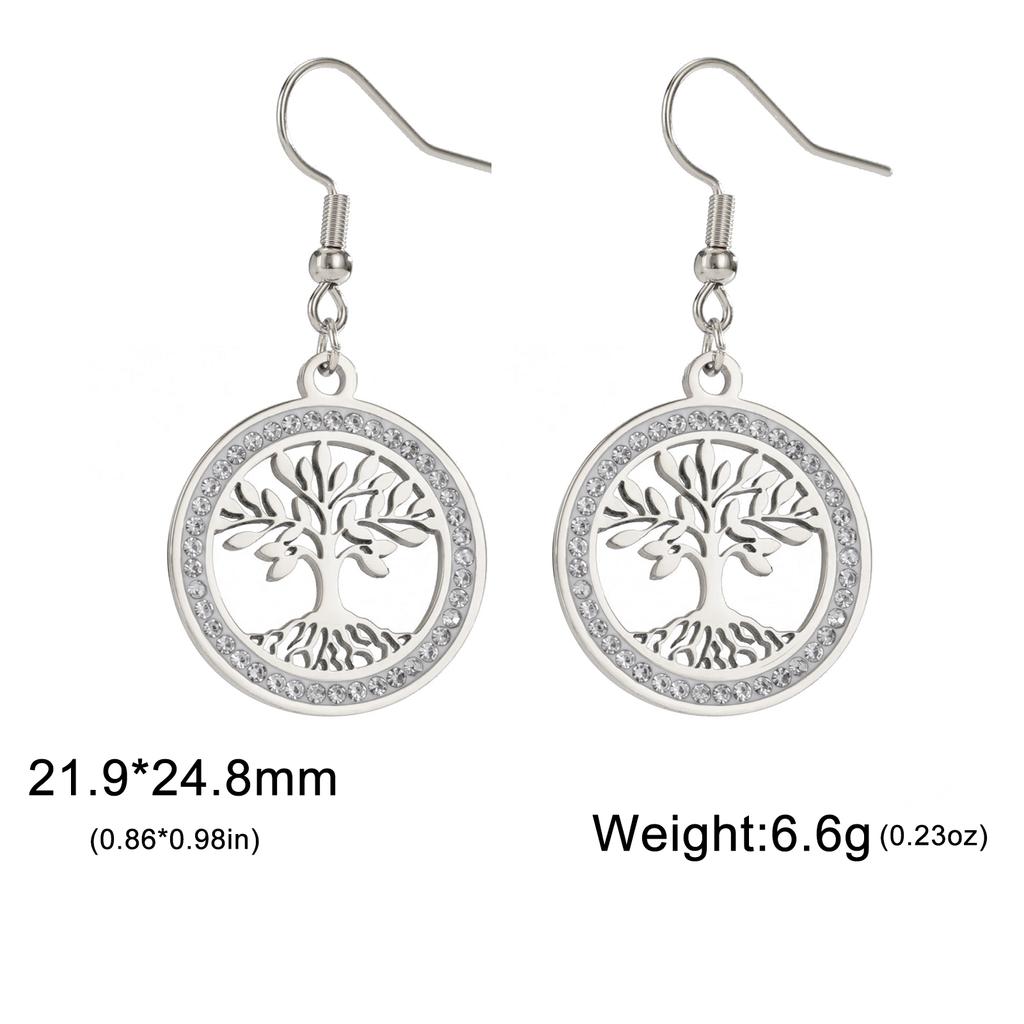 Tree of Life Women's Earrings Stainless Steel Gold Clear Zircon Round Pendant Dangle Earring Amulet Jewelry Gift