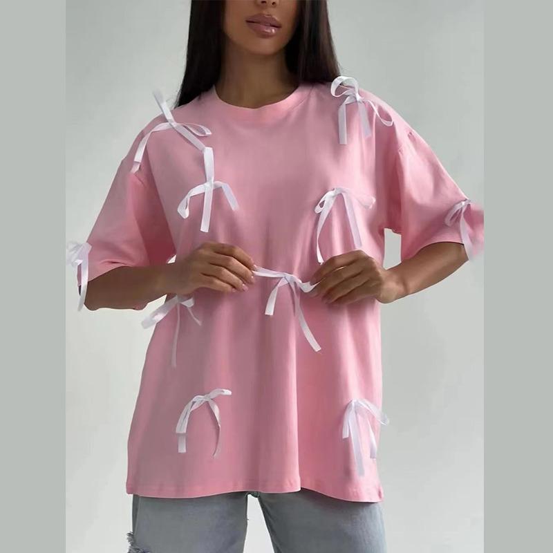 Tricou decorativ cu fundă retro din bumbac liber, design de modă de vară, cu mânecă scurtă, tricouri cu gât turnut, maiuri casual