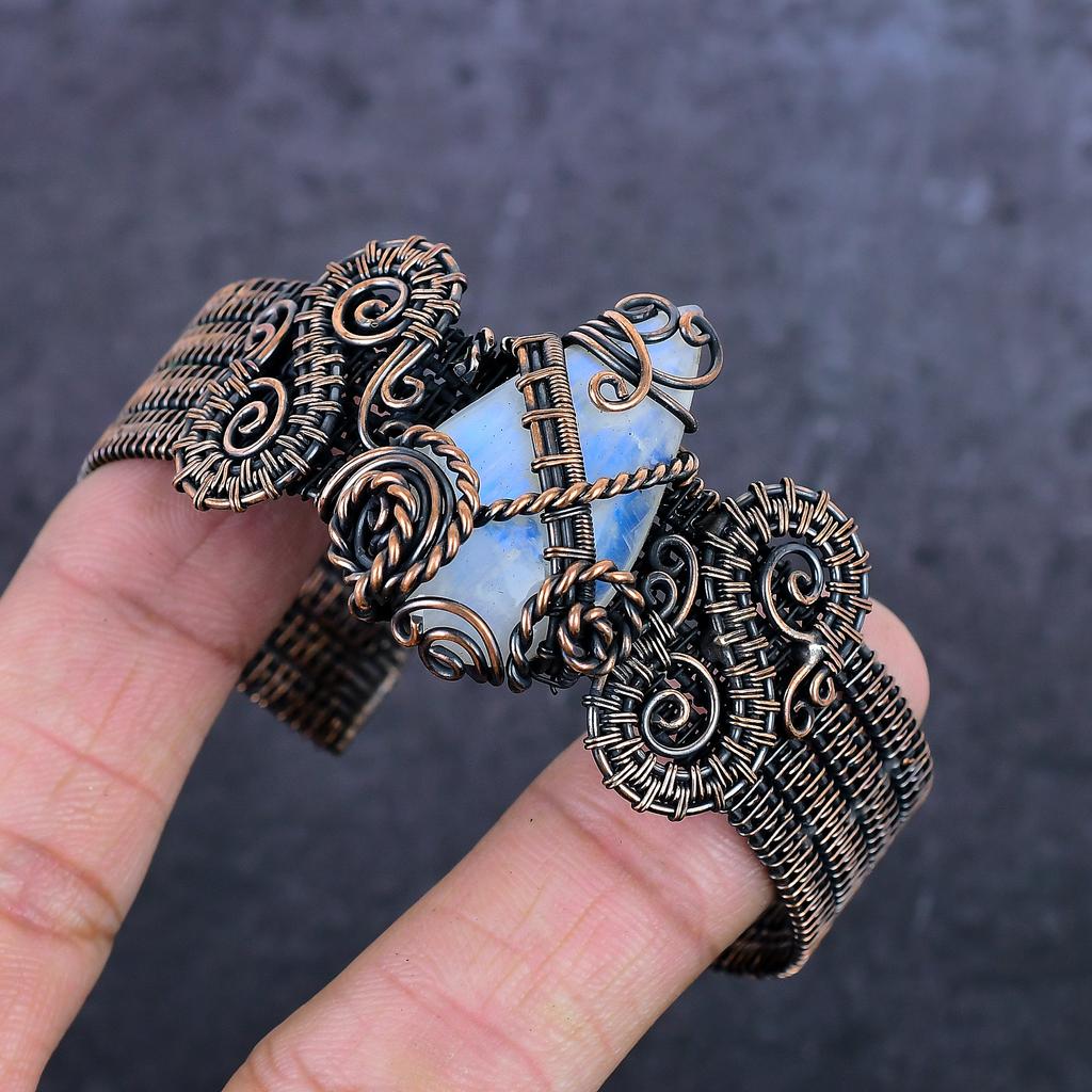 Moonstone Gemstone Handmade Copper Wire Wrap Cuff Bangle Adjustable ET-4974