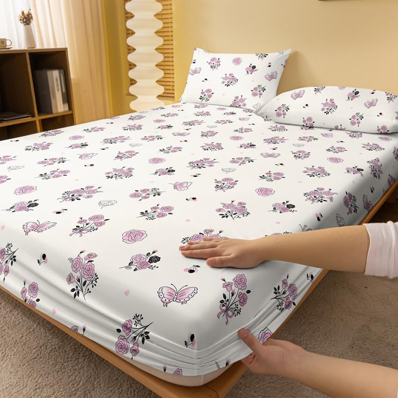 1 Simple Modern Plant Flower Butterfly Printed Matte Fitted Sheet, Bedroom Printed Bed Cover, Bedding (Excluding Pillowcases)