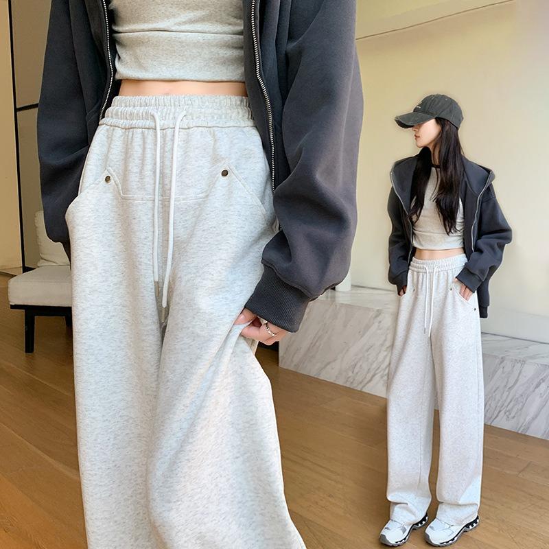 Gray Wide-leg Pants Women's Autumn and Winter New Rivet Straight-leg Pants Small High Waist Loose and Thin Casual Sports Pants