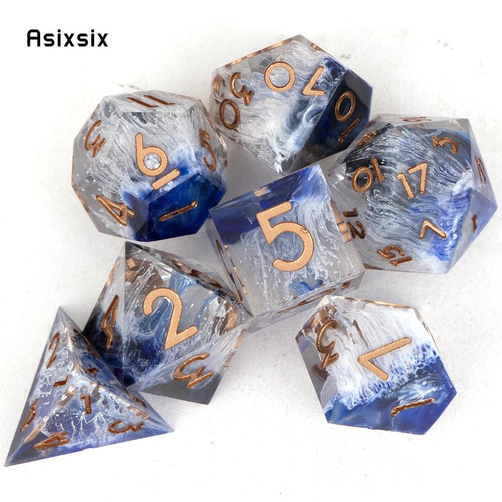 7 Pcs Blue Golden Number Sharp Edge Resin Dice Polyhedral Dice Suitable For Role-Playing Dice PropBoard Game