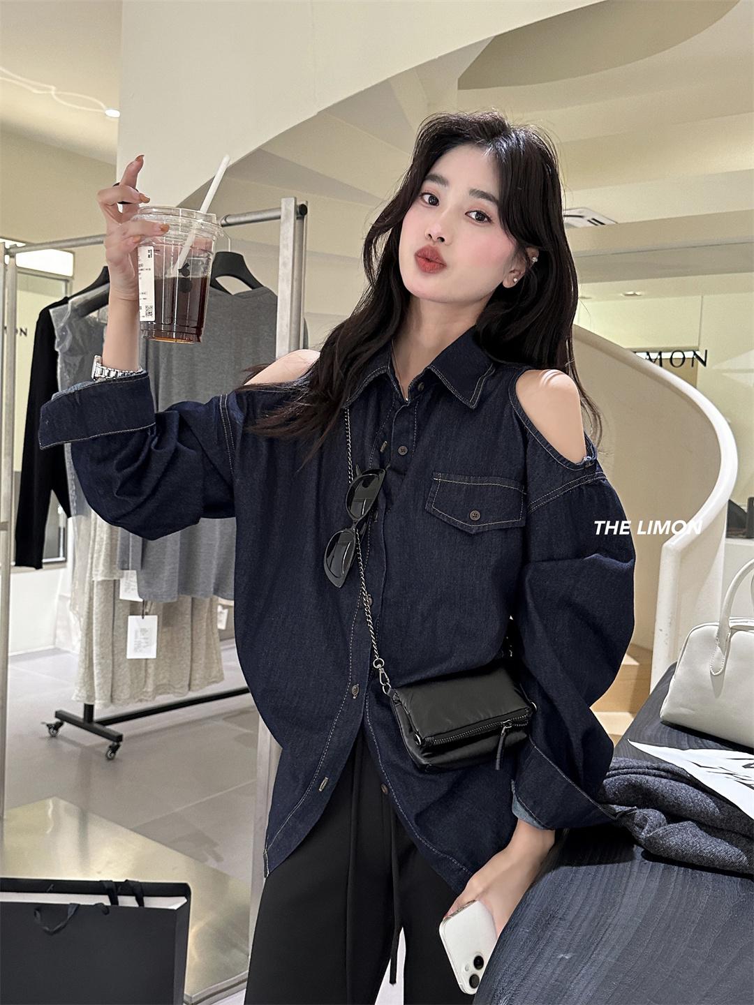 

Джинсовая рубашка с открытыми плечами Limon Autumn для женщин One Size джинсовый синий