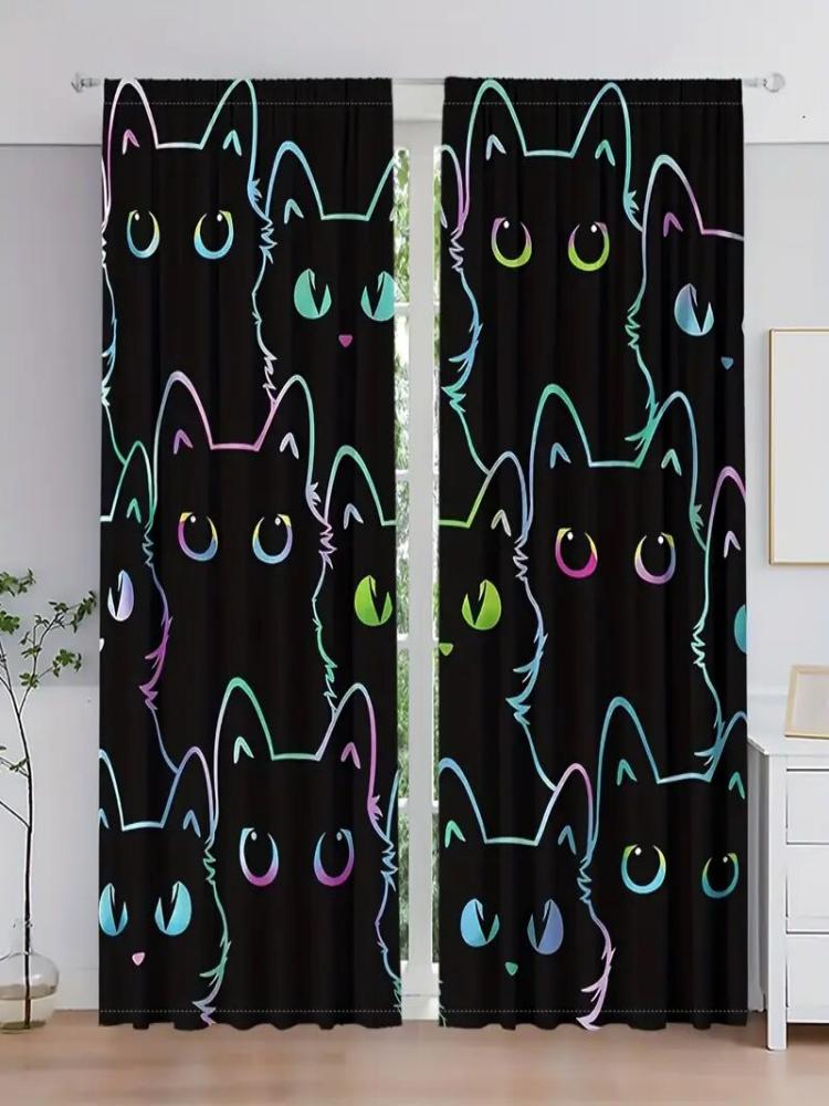 2Pcs - Cartoon Neon Cat Animal Pattern Printed Curtains, Window Decorations, Home Decorations, Room Decorations