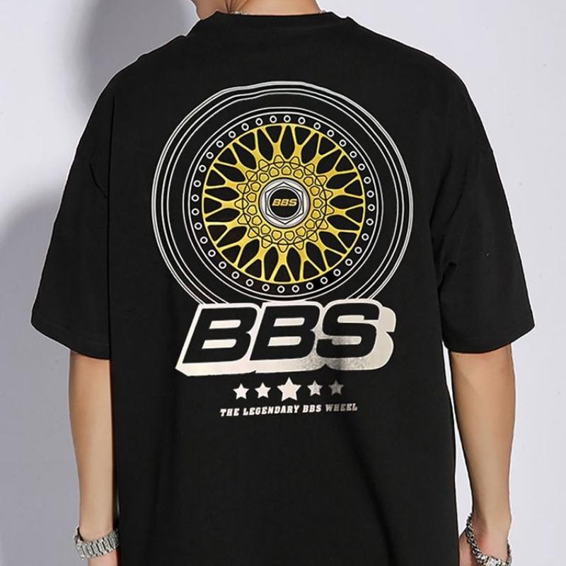 Street Wear Cotton Short-sleeved T-shirt BBS Wheel Hub Print Men's Modified Car Culture Shirt JDM Summer Casual Comfort Top Y2k