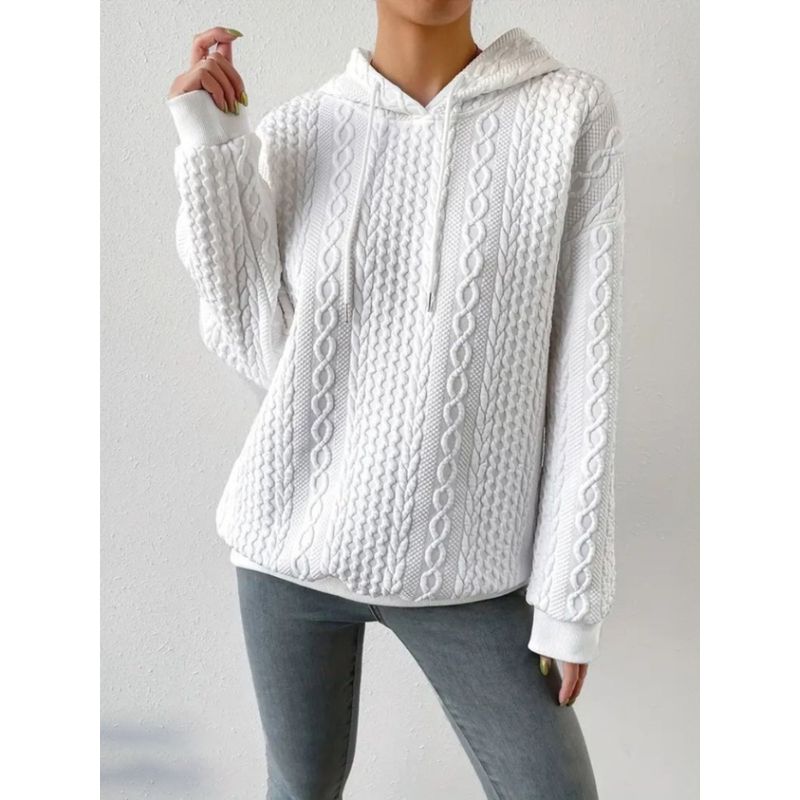 

Autumn and Winter Cross-Border Amazon New Fashion Style Plus Size Women s Jacquard Hooded Shoelace Long Sleeve Loose Sweatshirt White S