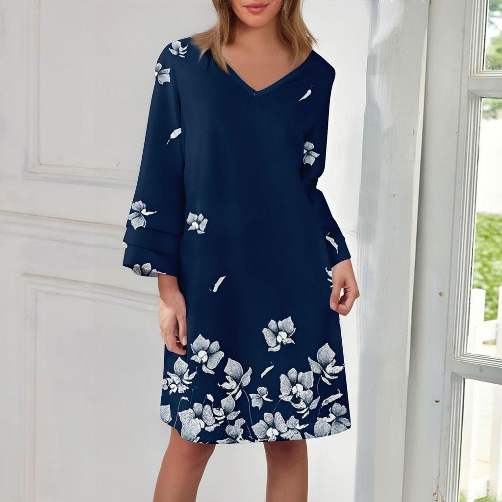 Women's  Fashion V-neck Solid Color Large Size Loose Long Large Swing 3/4 Sleeved Dress