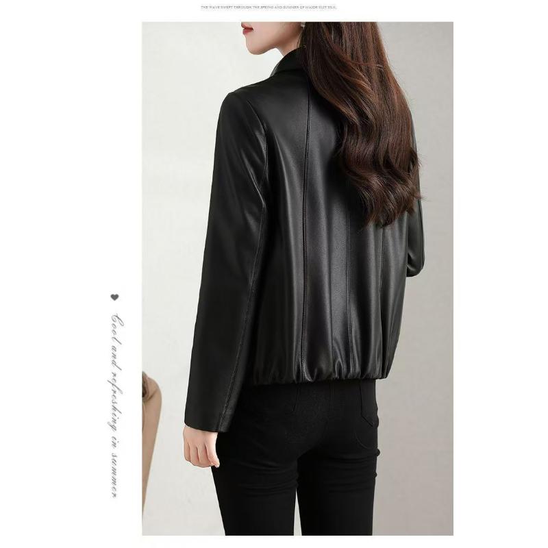 Podzim Zima Nová PU Kůže Vintage Dámská Nová Ležérní Módní Krátká Elegantní Bunda Vše Hodící Šik Top