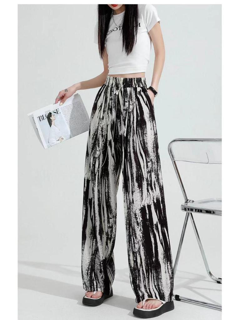 Damen Sommer High-Waist Batik Weitbein Drapierhose - Eisseide, Lockere Passform, Leicht