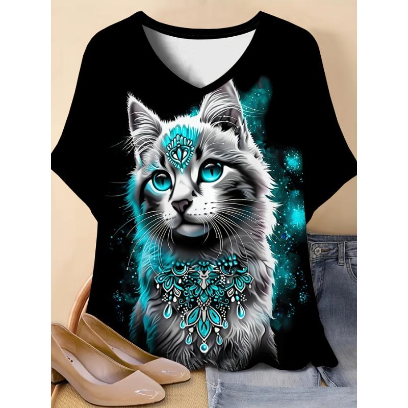 

Large Women s Summer V-neck Short sleeved T-shirt -3D Printed Mysterious Cat with Green Green Design S