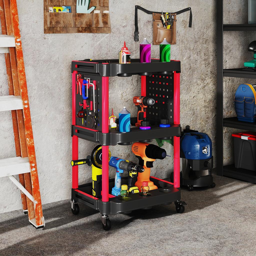 Tool Trolley. Three-tier Shelves. 4 Wheels. Plastic. 10 Hooks. Red