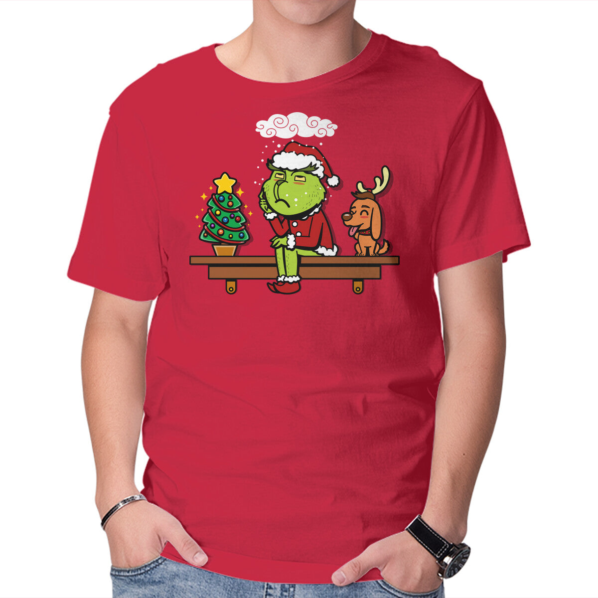 Unisex Crew Neck T-Shirt Grinch On The Shelf Graphic Short Sleeve Casual Tee M