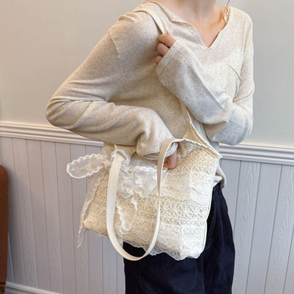 Tragetasche Spitze Umhängetasche Mit Band Große Kapazität Tasche Einkaufen Einfache Canvas Handtasche Mädchen