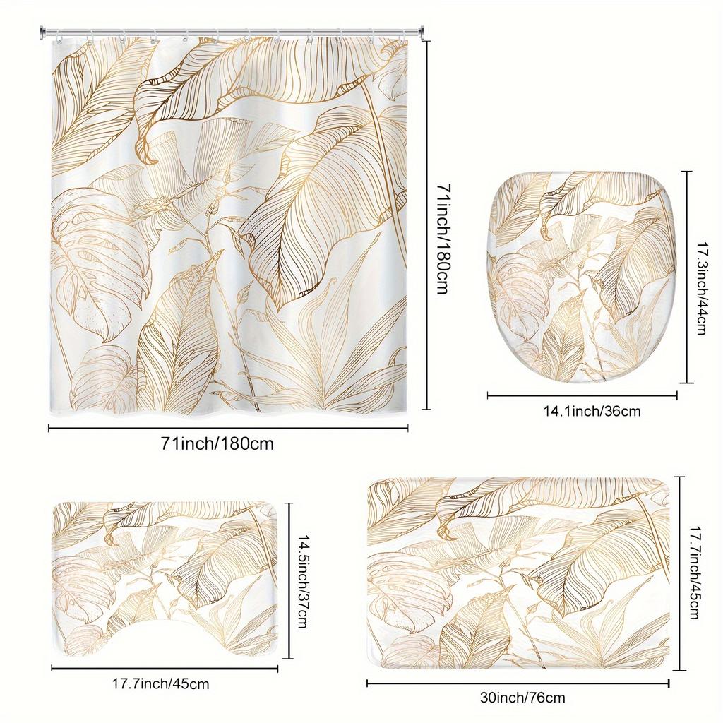 1/4pcs White Golden Tropical Leaf Waterproof Shower Curtain Set Decorative Bathroom Set Non-Slip Carpet Toilet Cover Bath Mat And 12 Hooks