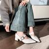 Fashion Spring New Mid-heel Shoes Women's Fashion Pointed Head Shallow Mouth with Metal Buckle Non-slip Wear-resistant Single Shoes