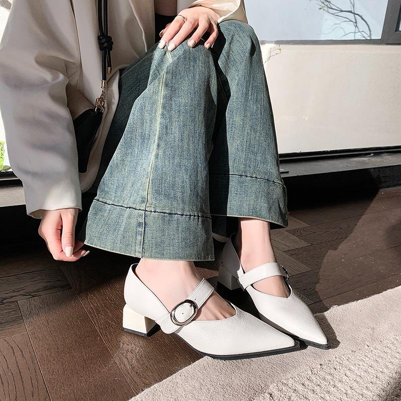 Fashion Spring New Mid-heel Shoes Women's Fashion Pointed Head Shallow Mouth with Metal Buckle Non-slip Wear-resistant Single Shoes