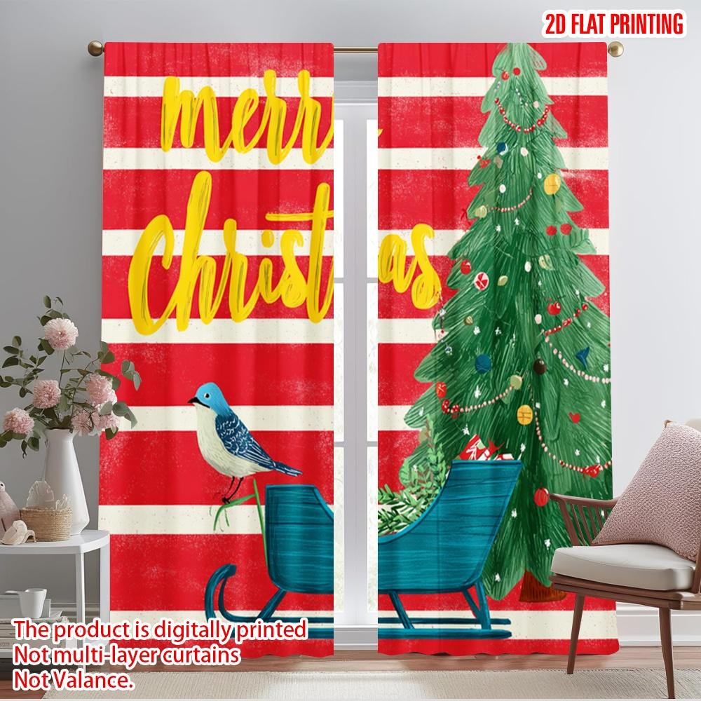 

2pcs,2D plane printing Curtain Popular Xmas Tree_ Red & White Stripes_ Golden Dots & Birds Versatile Polyester Fabric (without 52.50×116.00 CM 2pcs