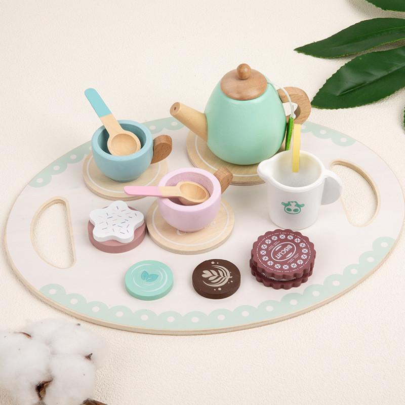 Wooden Childrens Tea Set With Pretend Play Accessories For Kids Educational Toy синий