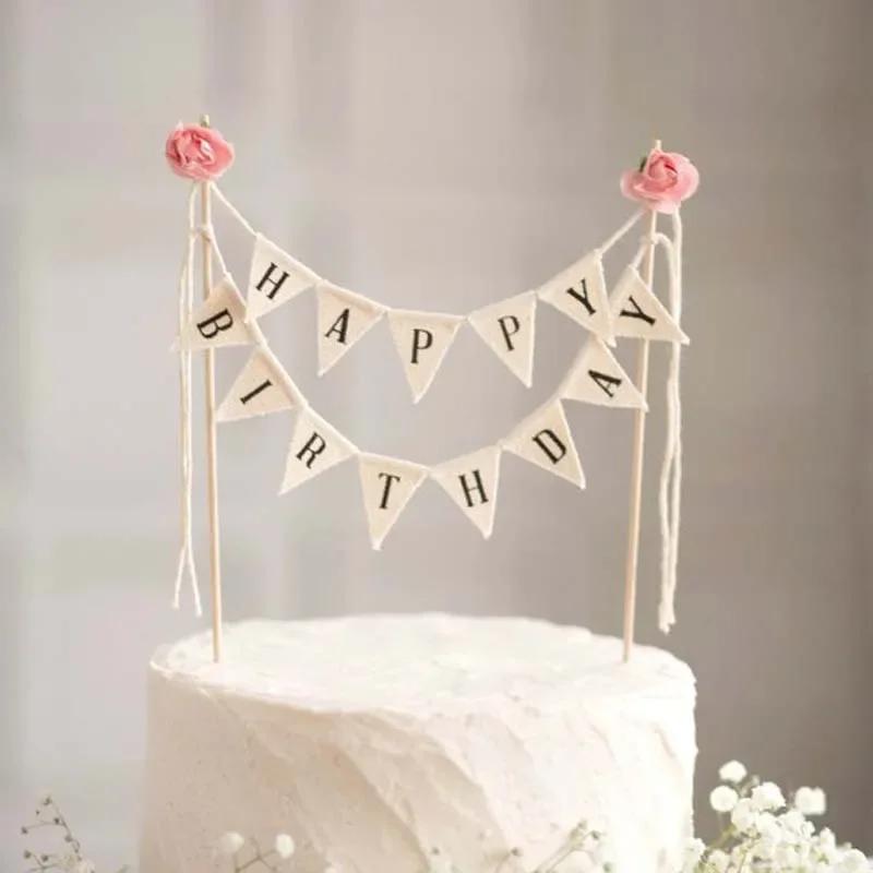 Happy Birthday Party Cake Flag Topper Creative Cloth Letter Decor DIY Baking Decor for Festive Cakes