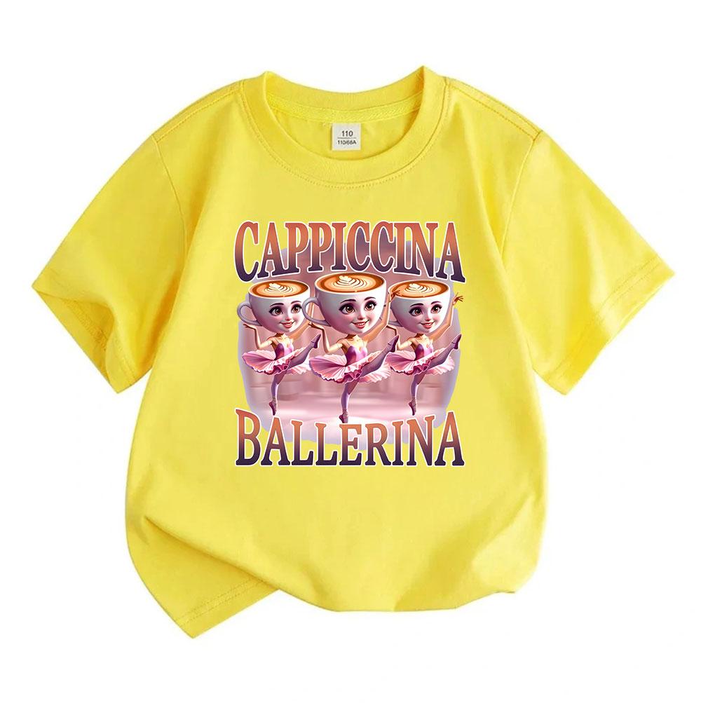 Kids Boys Girls 100% Cotton Crew Neck Short Sleeve T-Shirt, Funny Cappiccina Ballerina Coffee Cartoon Print Casual Soft Tee Tops for Daily Wear