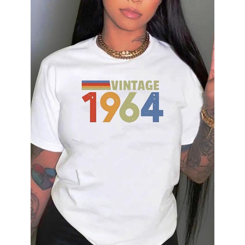 European sizes Vintage Chic Tee for Women - Casual Athletic T-Shirt - Round Neck, Machine Washable, All-Season, 1964 Letter Print Polyester