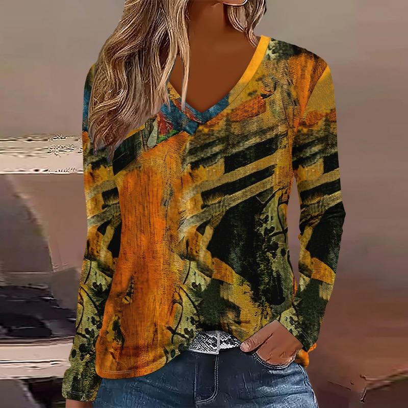 Fashion Flower pattern 3D Print Women V-Neck Long Sleeve T-Shirt Casual Polyester Breathable Women's Clothing Apparel Tops Tees