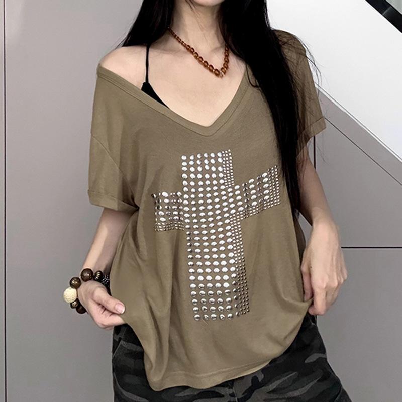 Europäisches und amerikanisches Sommer-V-Ausschnitt schulterfreies lässiges lockeres T-Shirt