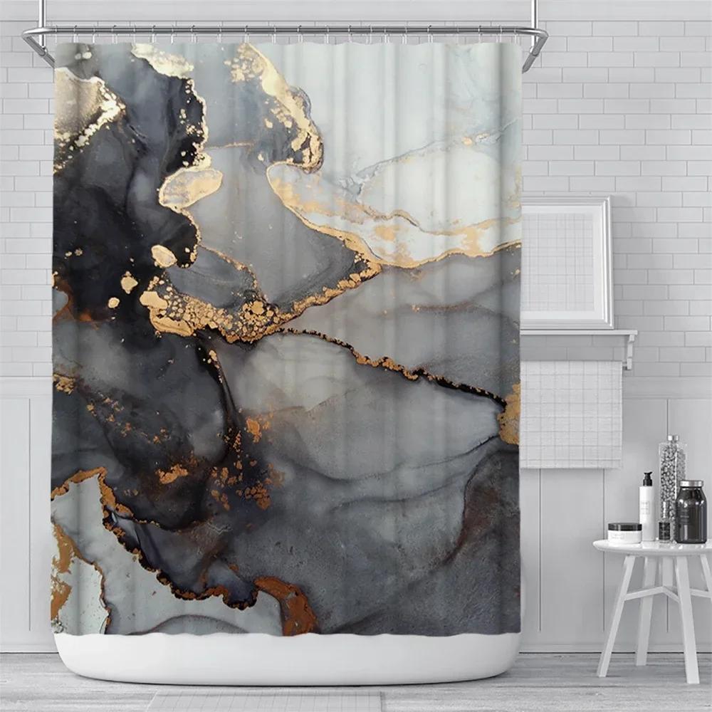 Abstract Navy Blue Gold Marble Shower Curtain Modern Luxury Golden Cracked Lines Fabric Bathroom Curtain Fashion Decor with Hook
