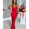 Elegant Women Satin Spaghetti Strap Maxi Dress V Neck Bodycon Sleeveless Backless Bandage Dress Formal Evening Party Gown for Women