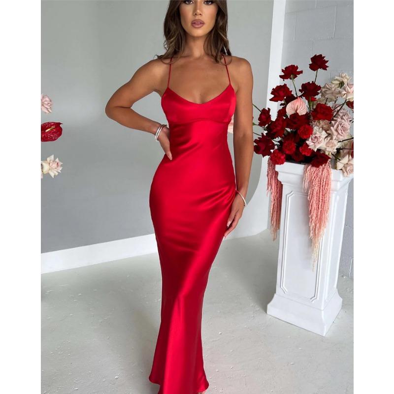 Elegant Women Satin Spaghetti Strap Maxi Dress V Neck Bodycon Sleeveless Backless Bandage Dress Formal Evening Party Gown for Women