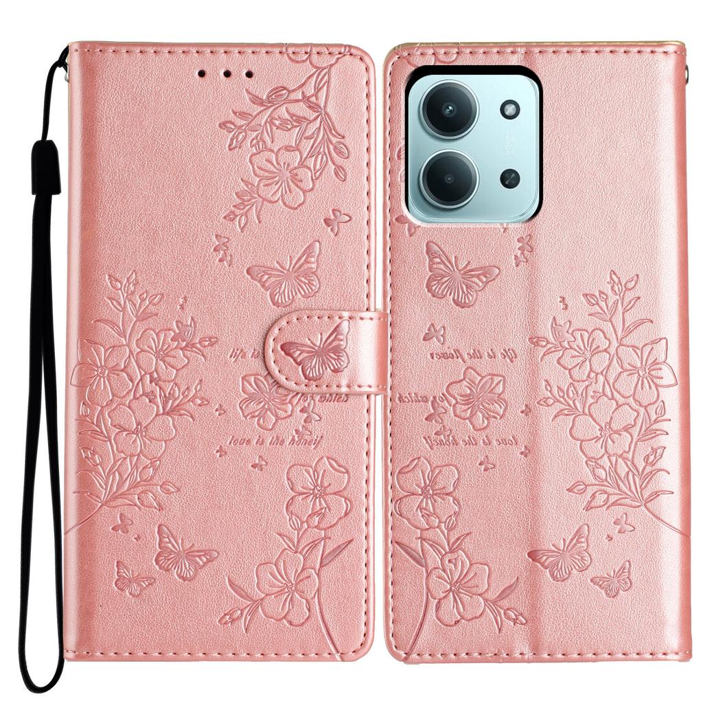 För Xiaomi Redmi 15C 5G (EU) (173 mm)/15C 4G (EU) (173 mm) Plånboksfodral för telefon med fjärils- och blomsterimpregnering, läderflipfodral med rem