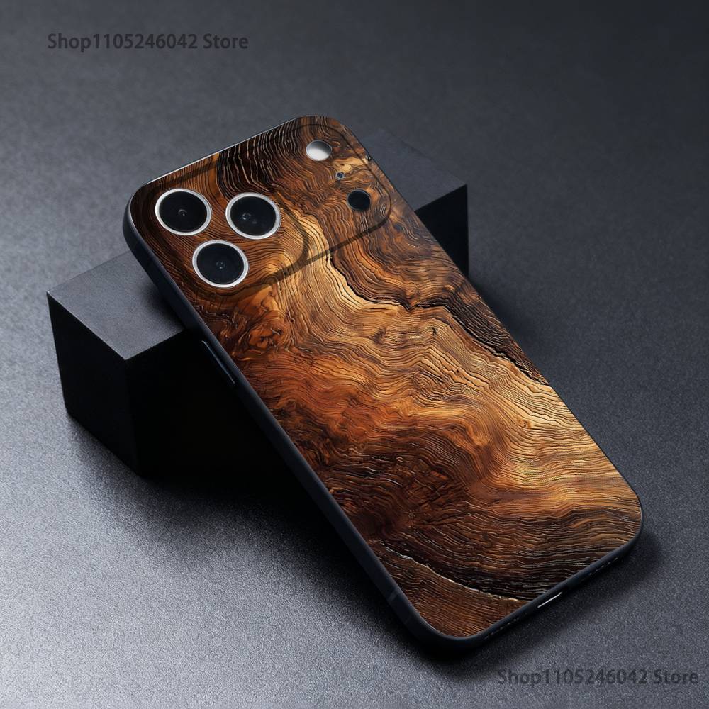 Natural Wood Phone Case For iPhone 17,16,15,14,13,12,11,Pro,XS,Max,XR,Plus,E,SE4,Mini Black Soft Cover