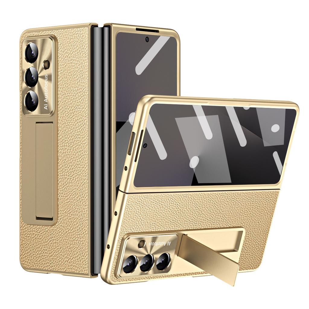 For Samsung Galaxy Z Fold7 5G Case Kickstand Leather+PC Phone Cover with Tempered Glass Film