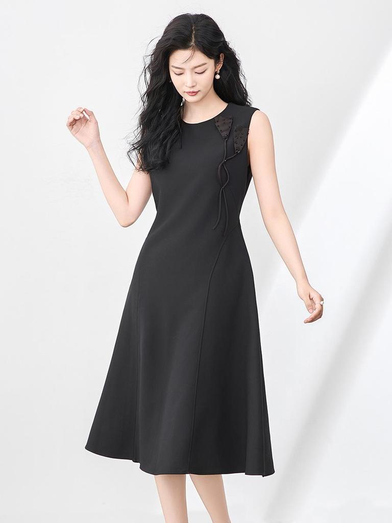 Elegant Three-Dimensional Beaded Floral Waist-Hugging Sleeveless Summer Dress for Women