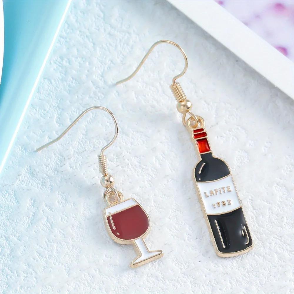 Orecchini Pendenti Asimmetrici Creativi Carini Simulazione Mini Bottiglia di Vino Rosso Bicchiere Highball per Donne Accessorio Gioiello Personalità