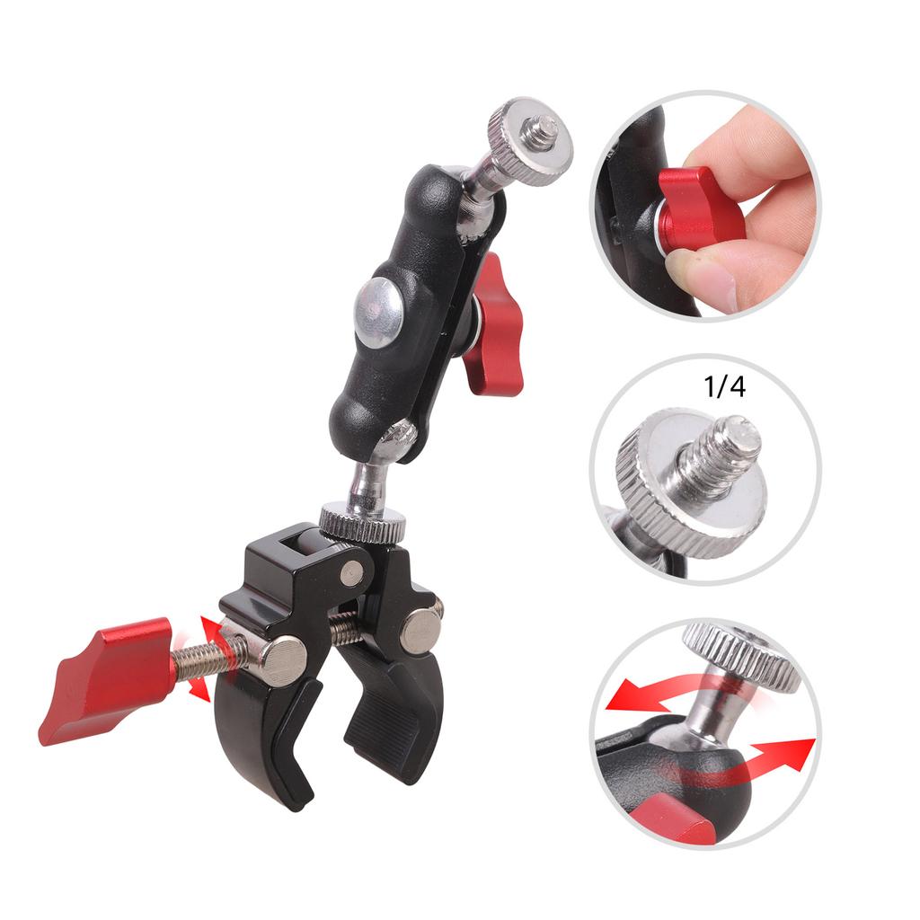 Adjustable 1/4inch Threaded Ball Mounting Arm Heavy Duty Iron Clamp Rotatable Metal Clamp for Mobile Phone Monitor Video