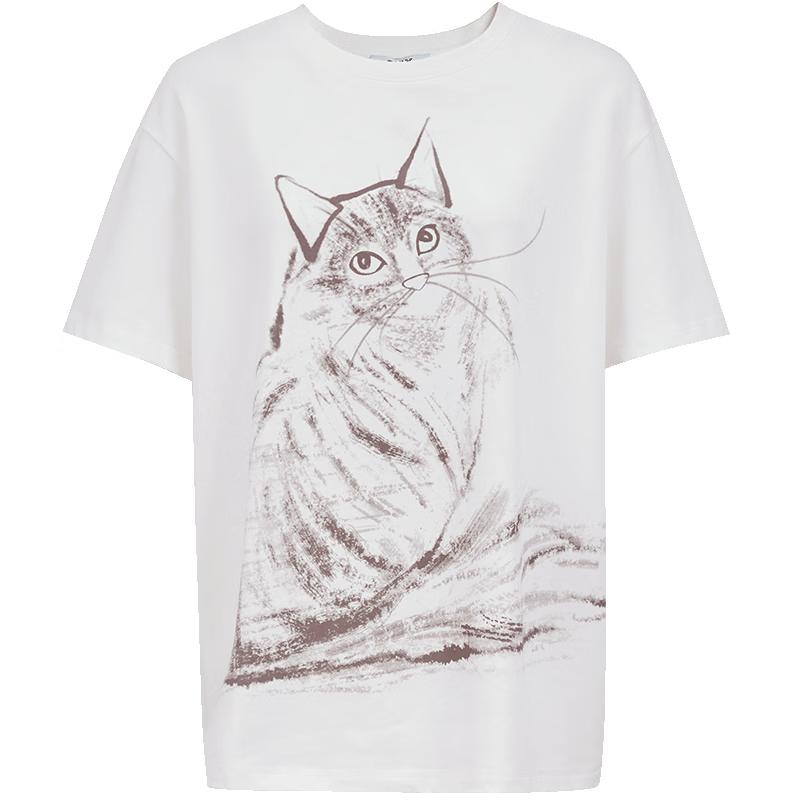 ONLY Women s Sketch Line Cat Print Drop Shoulder T-shirt M