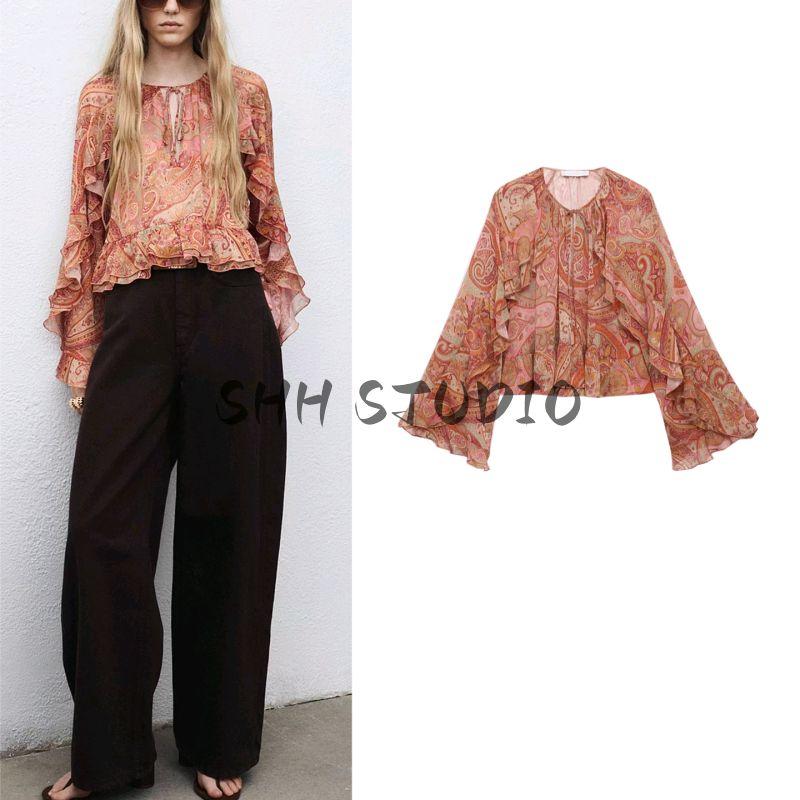 Fall Women's Clothing round Neck Paisley Print Horn Long Sleeves Ruffles Loose Shirt Top 17054448