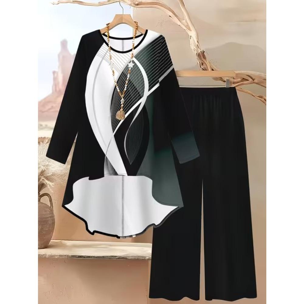 Flower Print Two Piece Outfit Women Long Sleeve Irregular Hem Tunic Top Wide Leg Pants Casual Matching Set