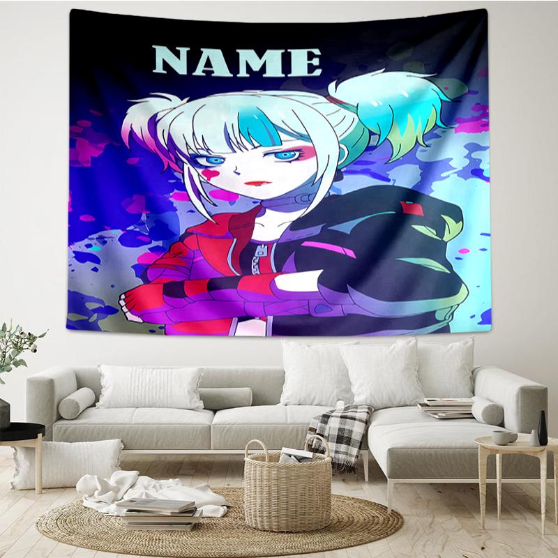 Custom Name Harley Quinn Print Tapestry, Backdrop, Easy Setup, Ideal for Bedroom, Office & Living Room, with Aesthetic Wall Hanging Decor.