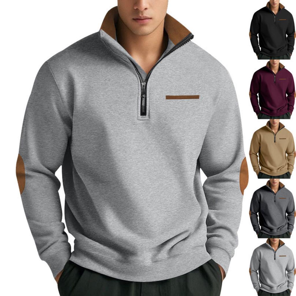 Men's Fleece-Lined Casual Half-Zip Stand Collar Patchwork Contrast Color Sweatshirt