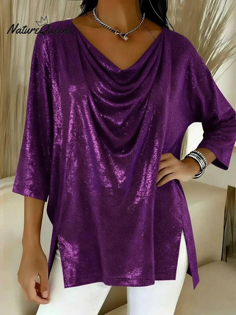 2025 Trendiges europäisch-amerikanisches Damen-Oberteil mit lockerem Stehkragen und Schlitz, Neun-Punkt-Ärmel