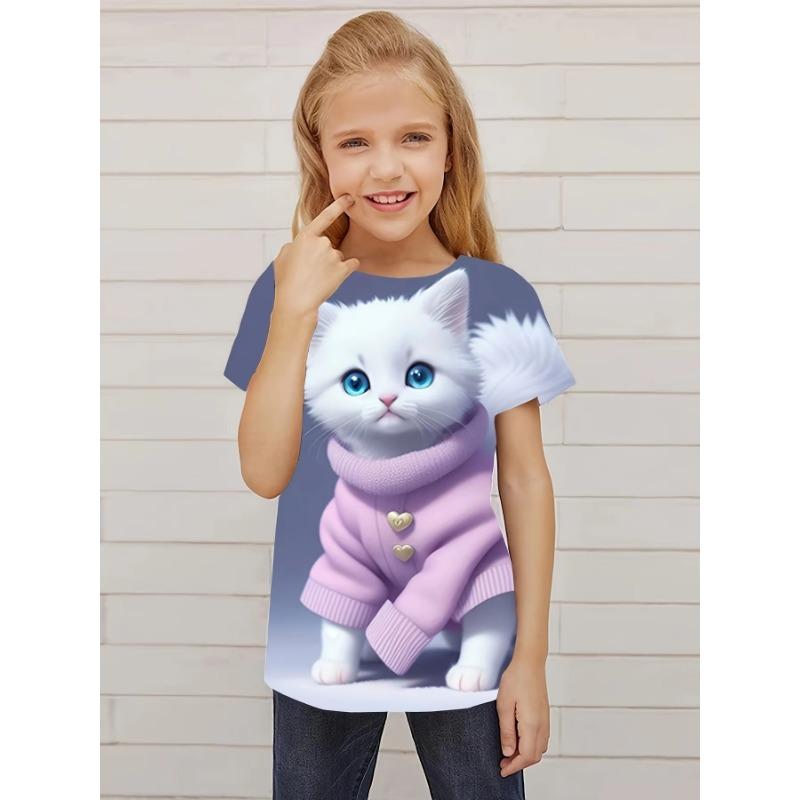 T-Shirt for Girls Cute Kitten Girls Clothes Kids T-Shirt Summer Short Sleeve Children Outdoor Sports Tops T-Shirt for Girls
