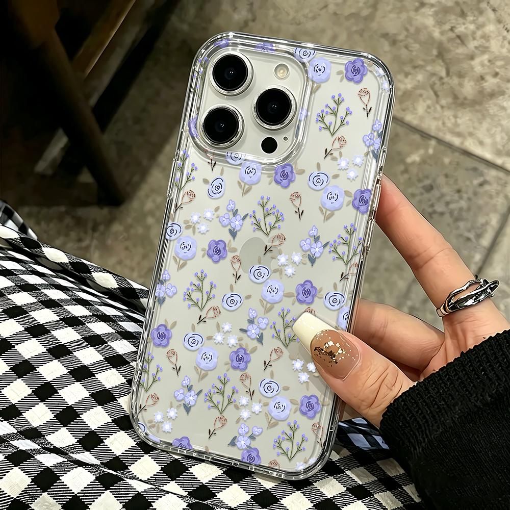 Phone Case For Iphone 12 15 Plus 14 17 Air 11 Pro Max 13 16 Purple Flowers Pink Skin Friendly Raised Lens Anti Scratch Cover