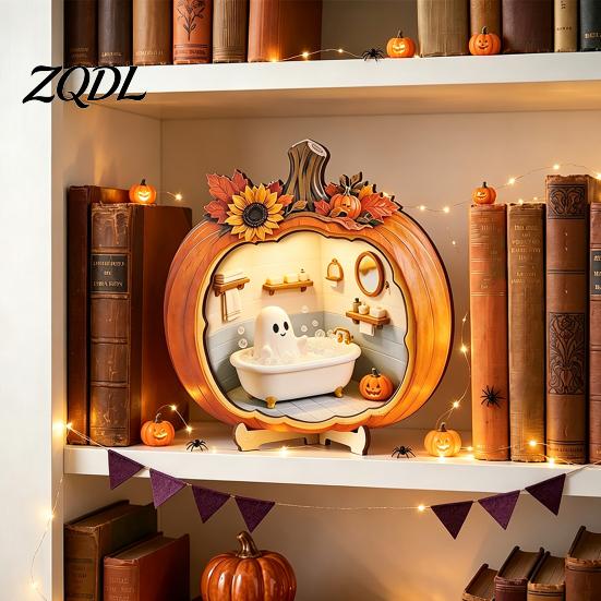 Rustic Autumn Harvest Decor Halloween Ghost Pumpkin Tabletop Sign, Wooden House with Mini Miniature Scene Gifts Scene, Fall Desktop Ornament for Home