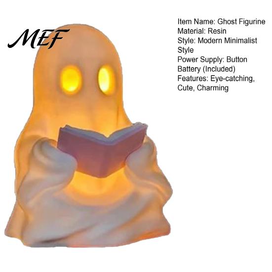 Whimsical Desk Accessory Cute Ghost Reading Book Lamp, Lighted Figurine with Warm LED Night Light Light, Halloween for Mantel Shelf Table Indoor Home