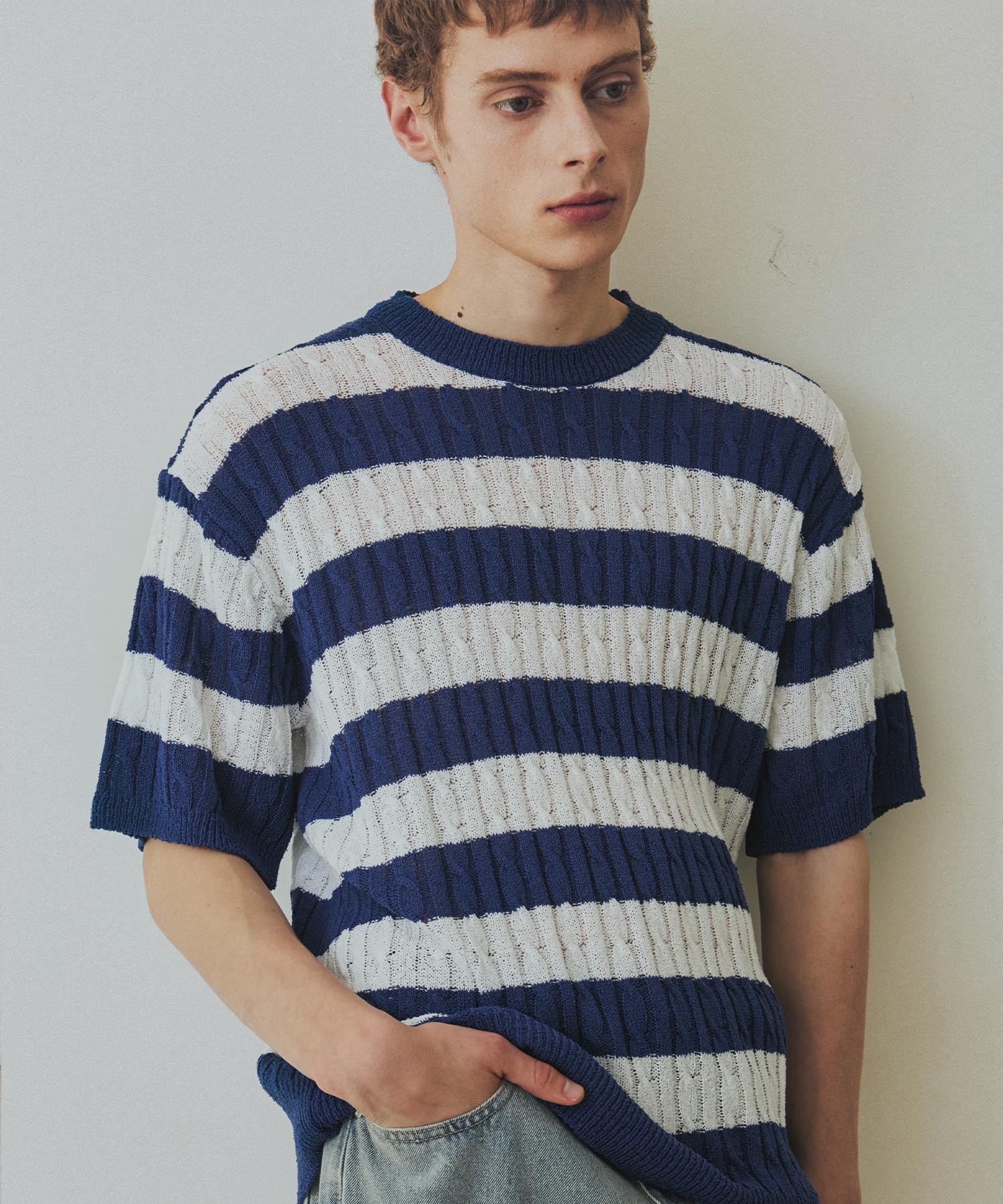 Nod You Striped Boucle Color Block Cable Short Sleeve Knit [Blue] M