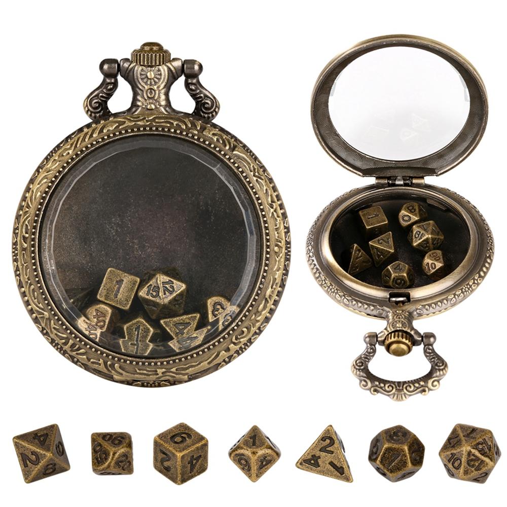 

7pcs Metal Polyhedral Table Dice Inside Tawny Dark Brown Glass Pocket Watch Case with Waist Hook Fobs and Chains Accessory