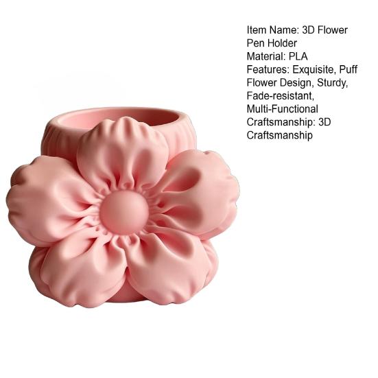 3D Printed Silk Flower Pen Holder, Cute Puff Flower Desk Organizer, Makeup Brush Storage, Vase Decorative Gift for Students Girls