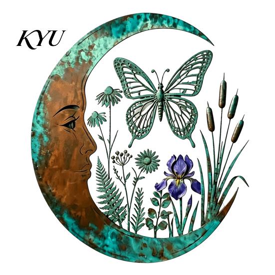Indoor Outdoor Yard Ornaments Vintage Crescent Moon Wall Art, Fairy Witch Bee Dragonfly Iron Hanging Floral Metal Fence Accent Decor, Sculpture